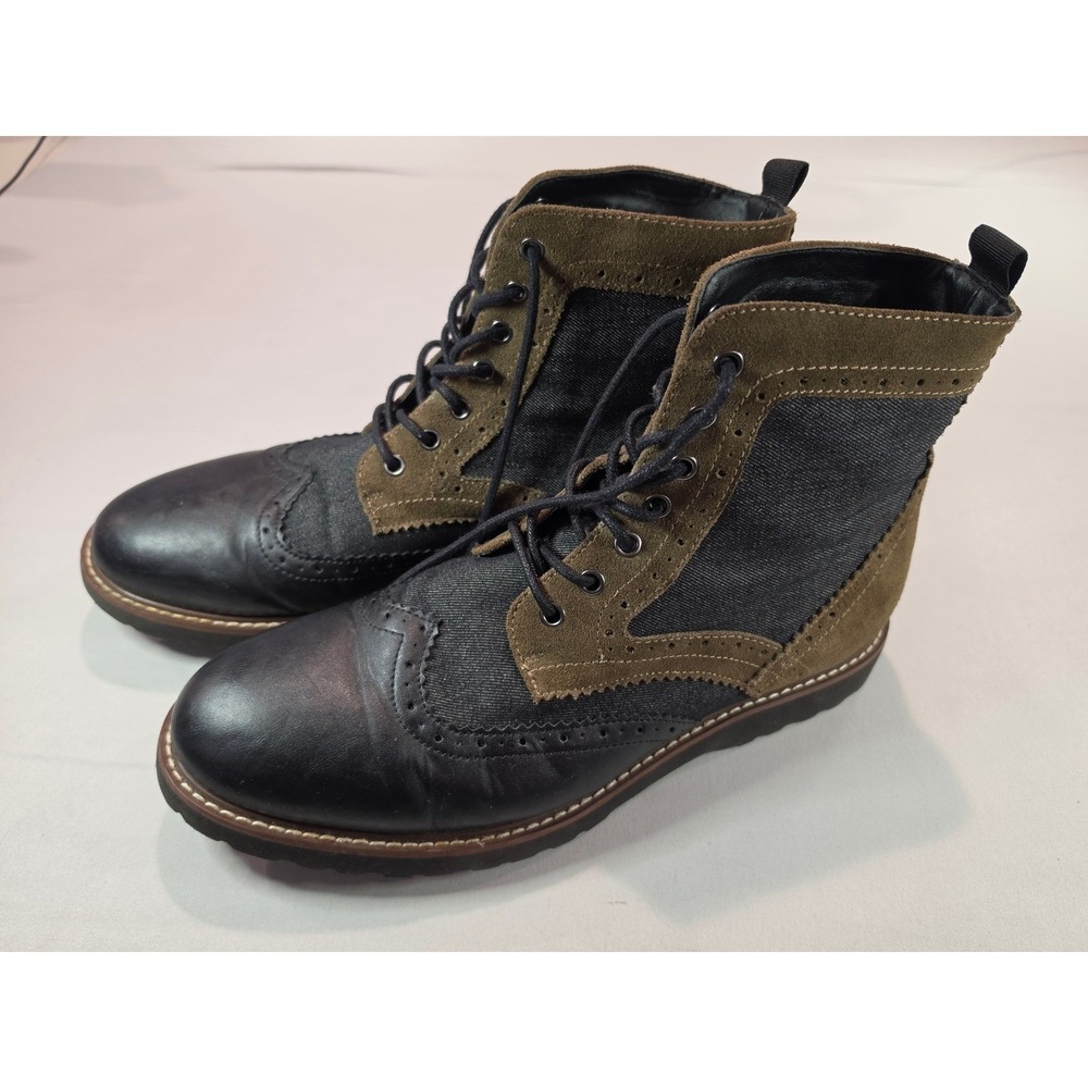 Guess Mens Wingtip Combat Boots Black Leather Suede Denim size 12